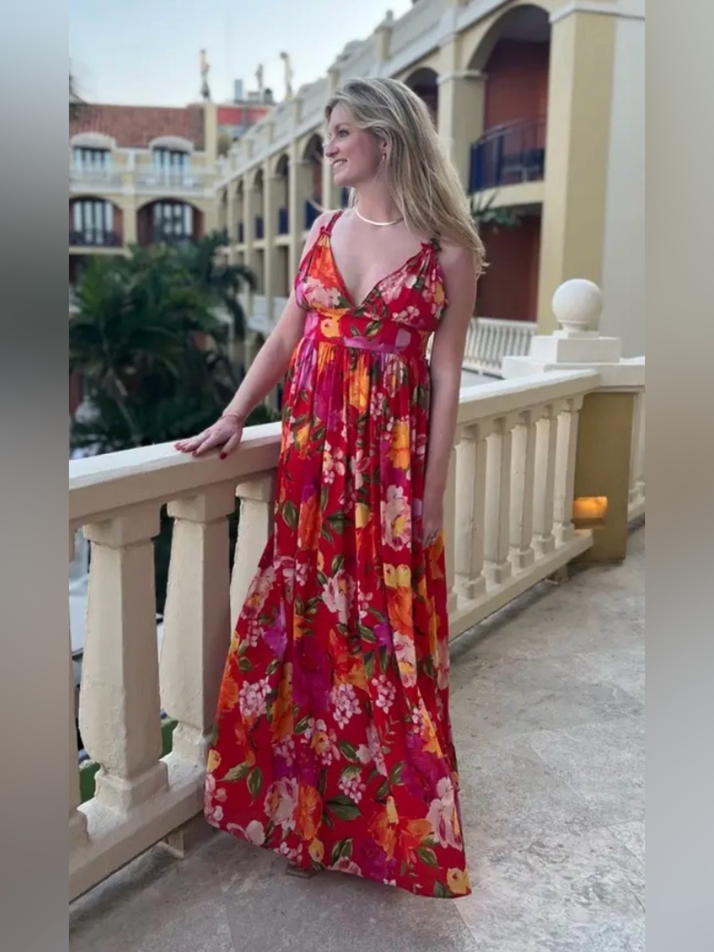 Ronny Kobo Sallee maxi dress red tropical floral print with a deep V-neckline - Picture 13 of 13